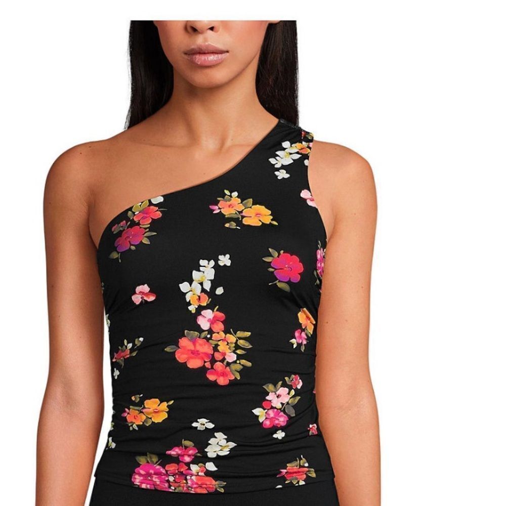 Land's End Plus Standard Shirred One Shoulder tankini top black multi floral Var - Picture 2 of 10